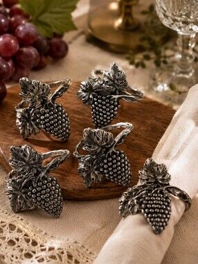 Vintage Pewter Grape Cluster Napkin Rings Set of 5 Vineyard Wine Country Decor